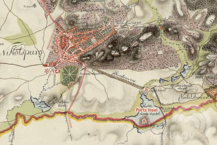 1. vojenské mapování z let 1764–1768 zachycuje průběh hranice vedené jižním okrajem ostrova Portz Insel. Zdroj: První vojenské mapování, mapový list Dolní Rakousko, mapa 23, Rakouský státní archiv/vojenský archiv, Vídeň.