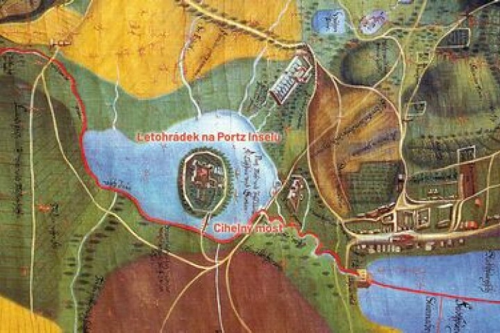 A bird‘s-eye view map of the Mikulov estate drawn up in 1672 by Clemens Beuttler of Ebelberg for the Prince Ferdinand of Dietrichstein. The cutout of the preserved fragment captures the Moravian-Austrian borderline in the 17th century. Source: A map of the Mikulov estate from 1672, a collection of the Regional Museum, Mikulov, inv. no. 4872. Modified.