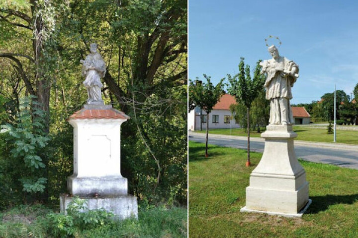 Es wird vermutet, dass die zwei Statuen des Heiligen Johannes Nepomuk ursprünglich die Gemeinde von östlicher und westlicher Richtung beschützen sollten. Die erste Statue steht am Weg von Sedlec bei Mikulov zur Portz-Mühle, und die zweite befindet sich vor der Kirche.