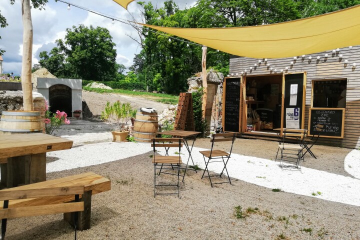 Refreshments in the kiosk of the bistro set up in the former farm building