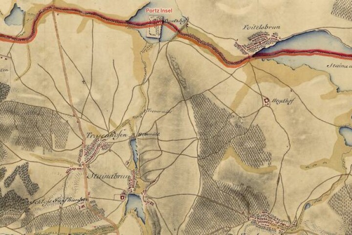 The historical map of the fishpond system on the Mühlbach brook (today‘s Rybniční brook), period 1773–1781, shows the border running through the middle of Portz Insel. Source: 1st Military Survey, Section Lower Austria, No. 23, Austrian State Archive/Military Archive, Vienna. Modified.